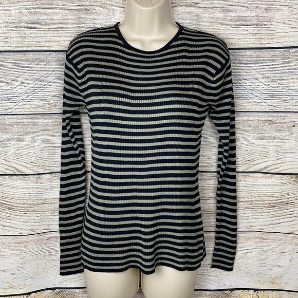 Peter Nygard Silk Knit Top Sweater Striped Navy Blue Gray Sz S - Picture 1 of 6